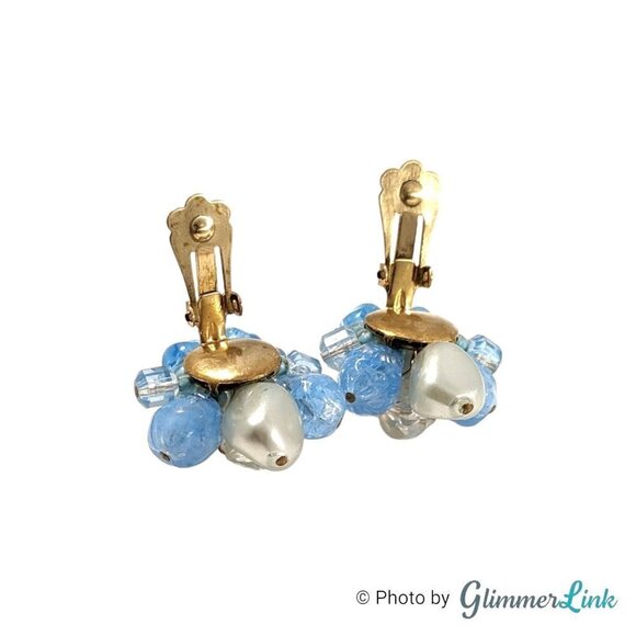 VTG 50's W Germany Blue & Gray Lucite Faux Pearl Beaded Cluster Clip On Earrings - Picture 5 of 7